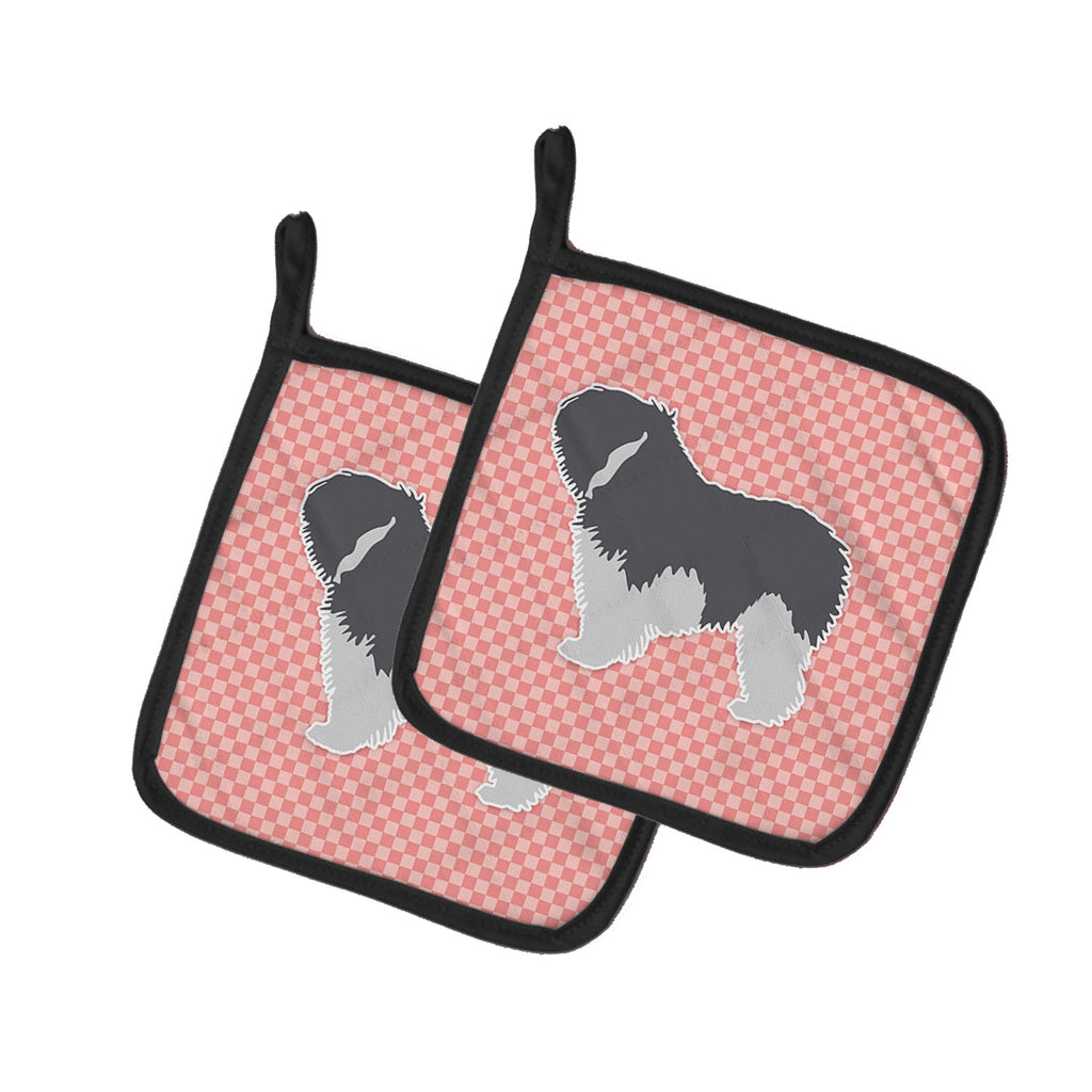 Polish Lowland Sheepdog Dog Checkerboard Pink Pot Holder Set of 2 Heat Resistant Quilted Hot Pads 7.5 x 7.5 Inch, Insulated Kitchen Trivets for Cooking & Baking