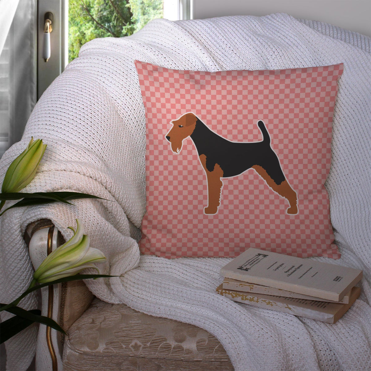 Airedale Terrier Checkerboard Pink Decorative Throw Pillow 14x14 Indoor Outdoor Accent Cushion, Fabric Cover with Insert for Sofa, Bed, Porch & Living Room