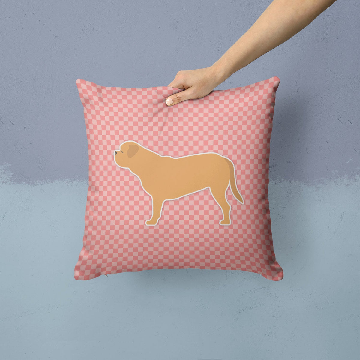Dogue de Bordeaux Checkerboard Pink Decorative Throw Pillow 14x14 Indoor Outdoor Accent Cushion, Fabric Cover with Insert for Sofa, Bed, Porch & Living Room