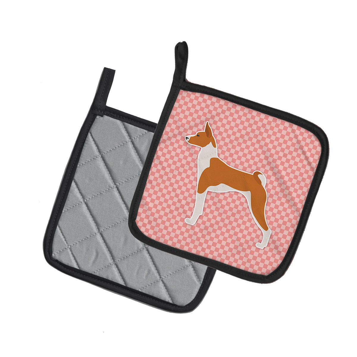Basenji Checkerboard Pink Pot Holder Set of 2 Heat Resistant Quilted Hot Pads 7.5 x 7.5 Inch, Insulated Kitchen Trivets for Cooking & Baking