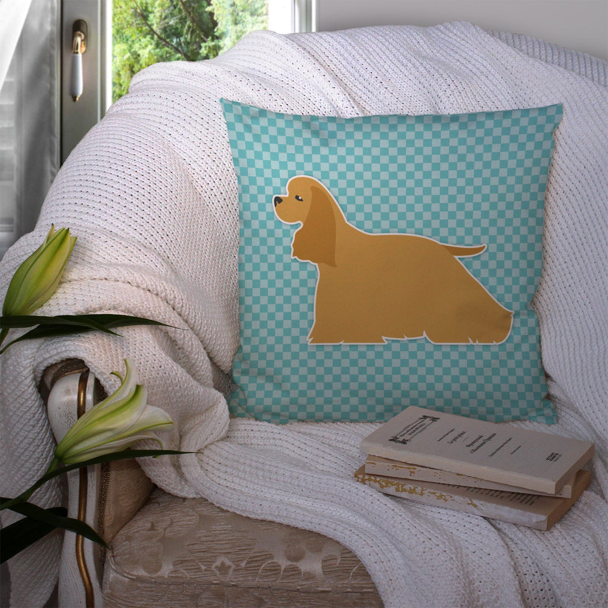 Cocker Spaniel  Checkerboard Blue Decorative Throw Pillow 14x14 Indoor Outdoor Accent Cushion, Fabric Cover with Insert for Sofa, Bed, Porch & Living Room