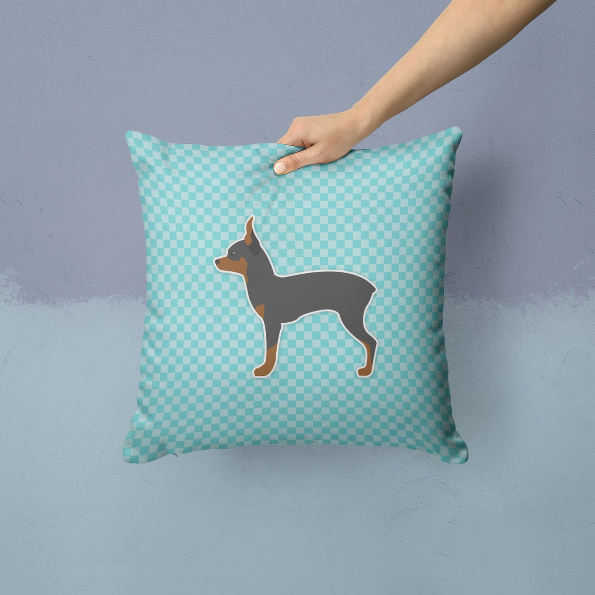 Toy Fox Terrier  Checkerboard Blue Decorative Throw Pillow 14x14 Indoor Outdoor Accent Cushion, Fabric Cover with Insert for Sofa, Bed, Porch & Living Room