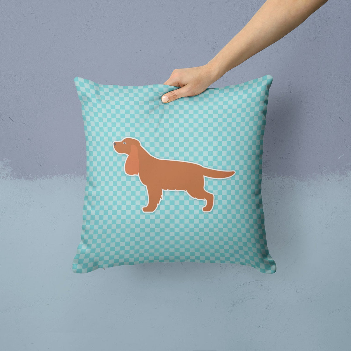 English Cocker Spaniel Checkerboard Blue Decorative Throw Pillow 14x14 Indoor Outdoor Accent Cushion, Fabric Cover with Insert for Sofa, Bed, Porch & Living Room