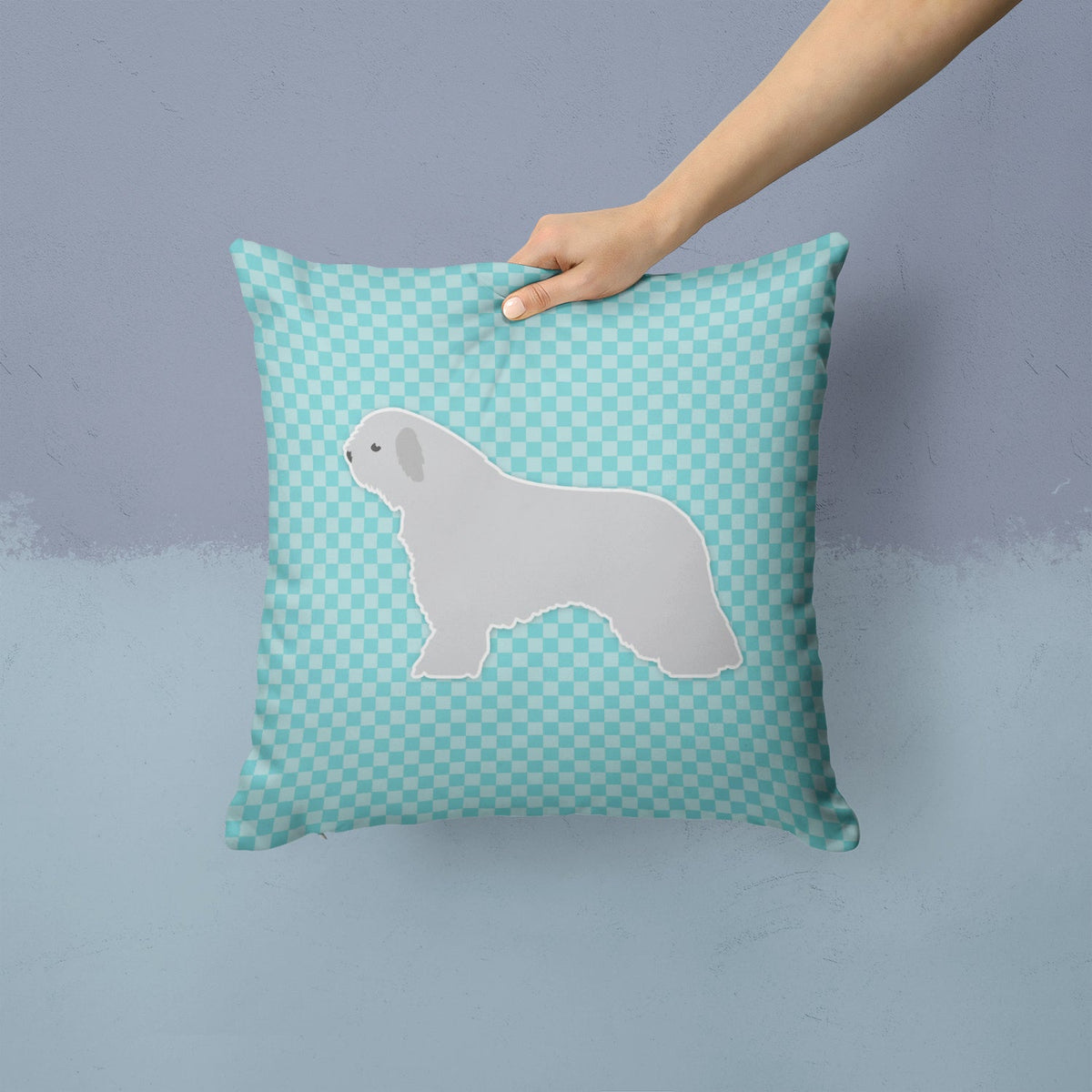 Spanish Water Dog Checkerboard Blue Decorative Throw Pillow 14x14 Indoor Outdoor Accent Cushion, Fabric Cover with Insert for Sofa, Bed, Porch & Living Room