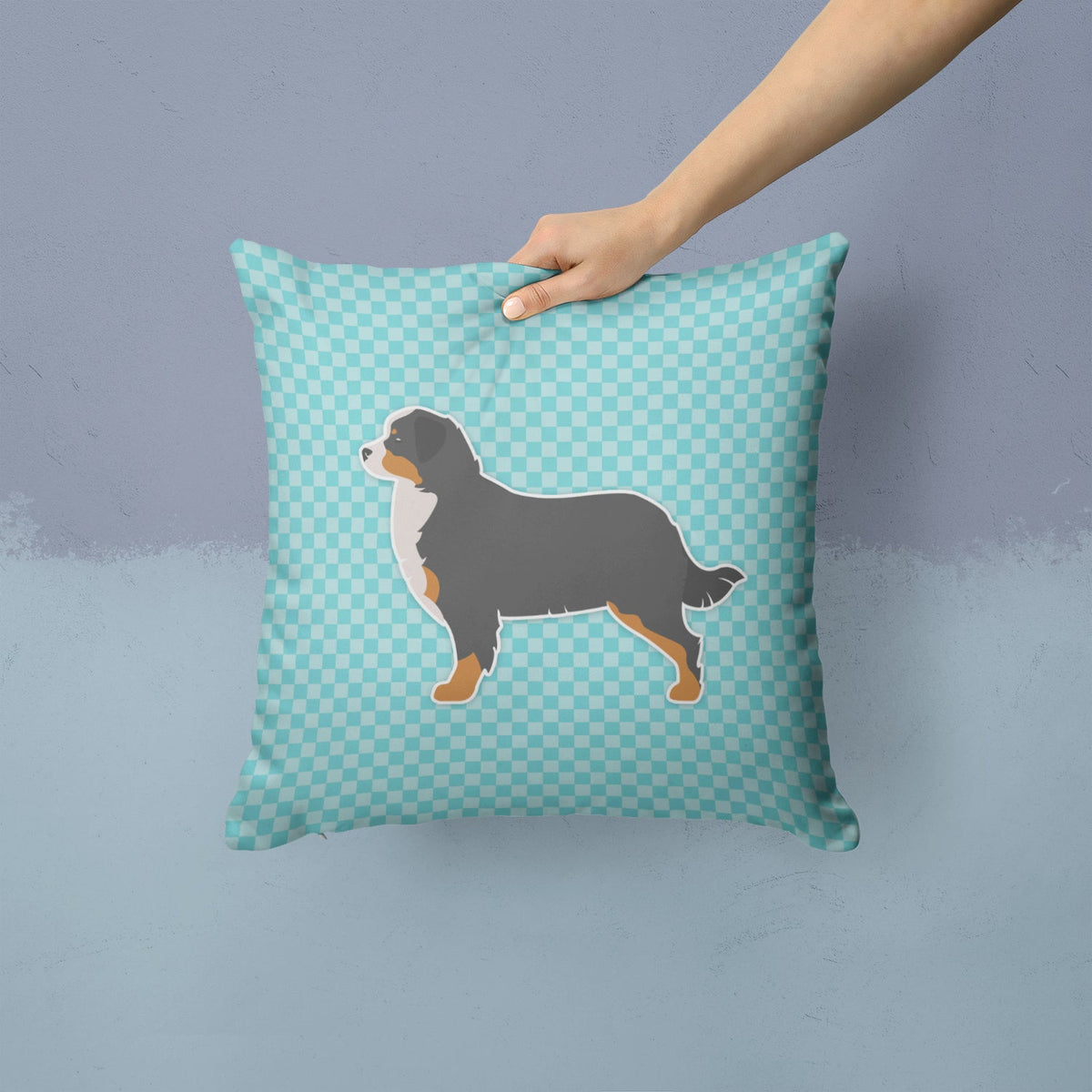 Bernese Mountain Dog Checkerboard Blue Decorative Throw Pillow 14x14 Indoor Outdoor Accent Cushion, Fabric Cover with Insert for Sofa, Bed, Porch & Living Room