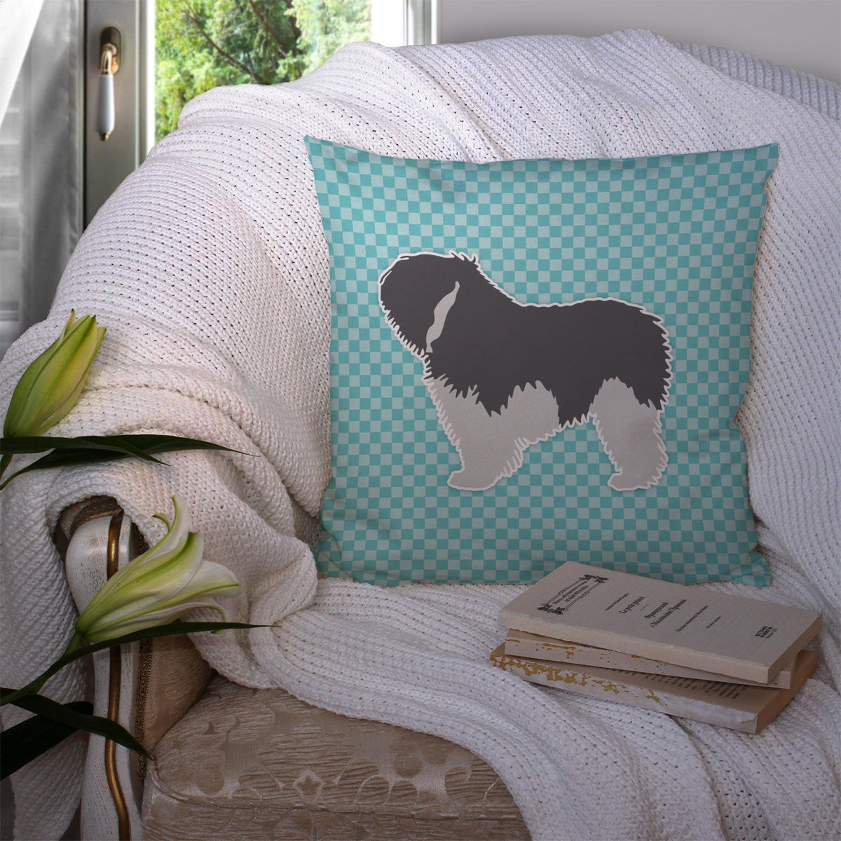 Polish Lowland Sheepdog Dog Checkerboard Blue Decorative Throw Pillow 14x14 Indoor Outdoor Accent Cushion, Fabric Cover with Insert for Sofa, Bed, Porch & Living Room