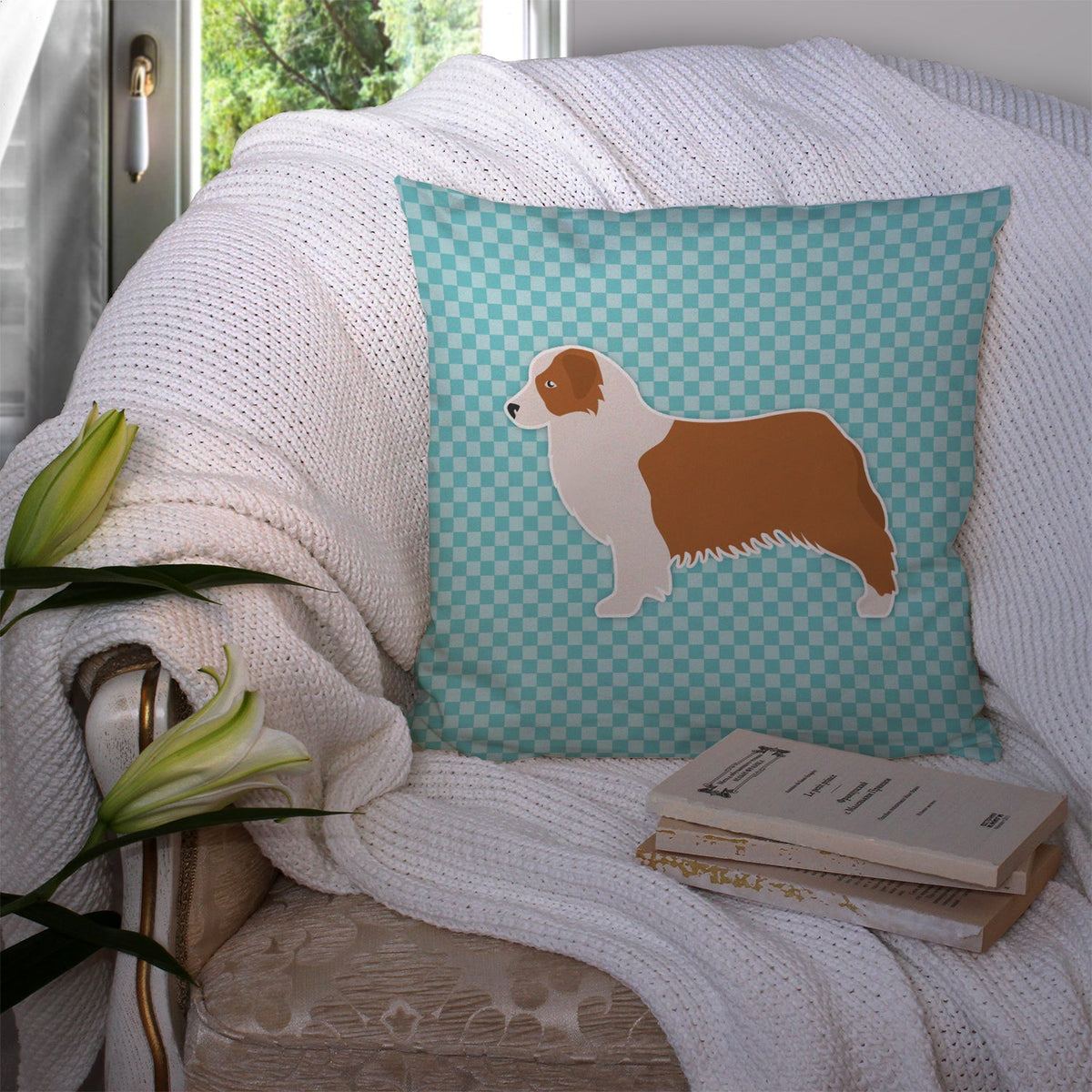 Australian Shepherd Dog Checkerboard Blue Decorative Throw Pillow 14x14 Indoor Outdoor Accent Cushion, Fabric Cover with Insert for Sofa, Bed, Porch & Living Room