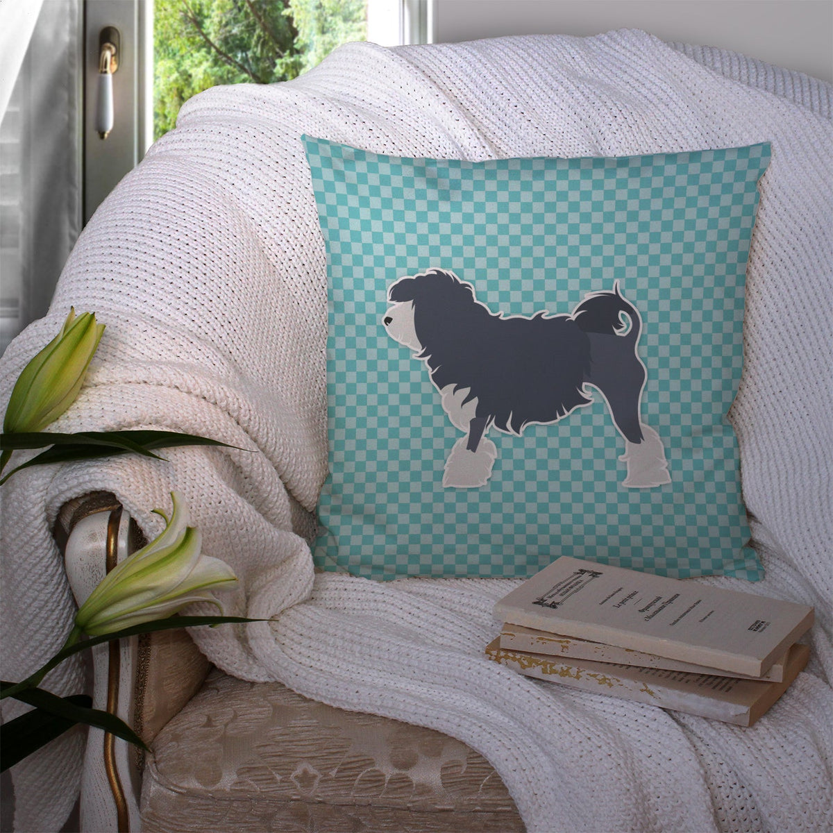 Lowchen Checkerboard Blue Decorative Throw Pillow 14x14 Indoor Outdoor Accent Cushion, Fabric Cover with Insert for Sofa, Bed, Porch & Living Room