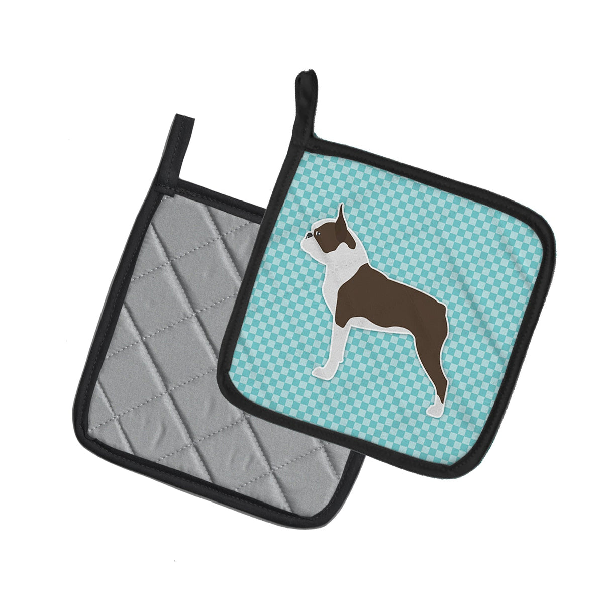 Boston Terrier Checkerboard Blue Pot Holder Set of 2 Heat Resistant Quilted Hot Pads 7.5 x 7.5 Inch, Insulated Kitchen Trivets for Cooking & Baking