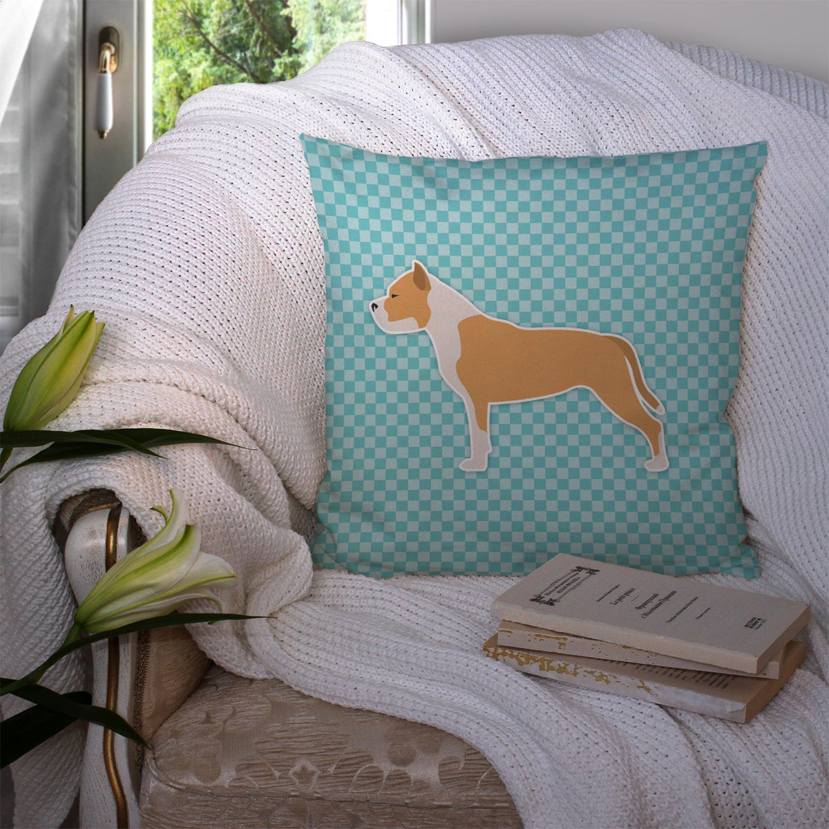 Staffordshire Bull Terrier Checkerboard Blue Decorative Throw Pillow 14x14 Indoor Outdoor Accent Cushion, Fabric Cover with Insert for Sofa, Bed, Porch & Living Room