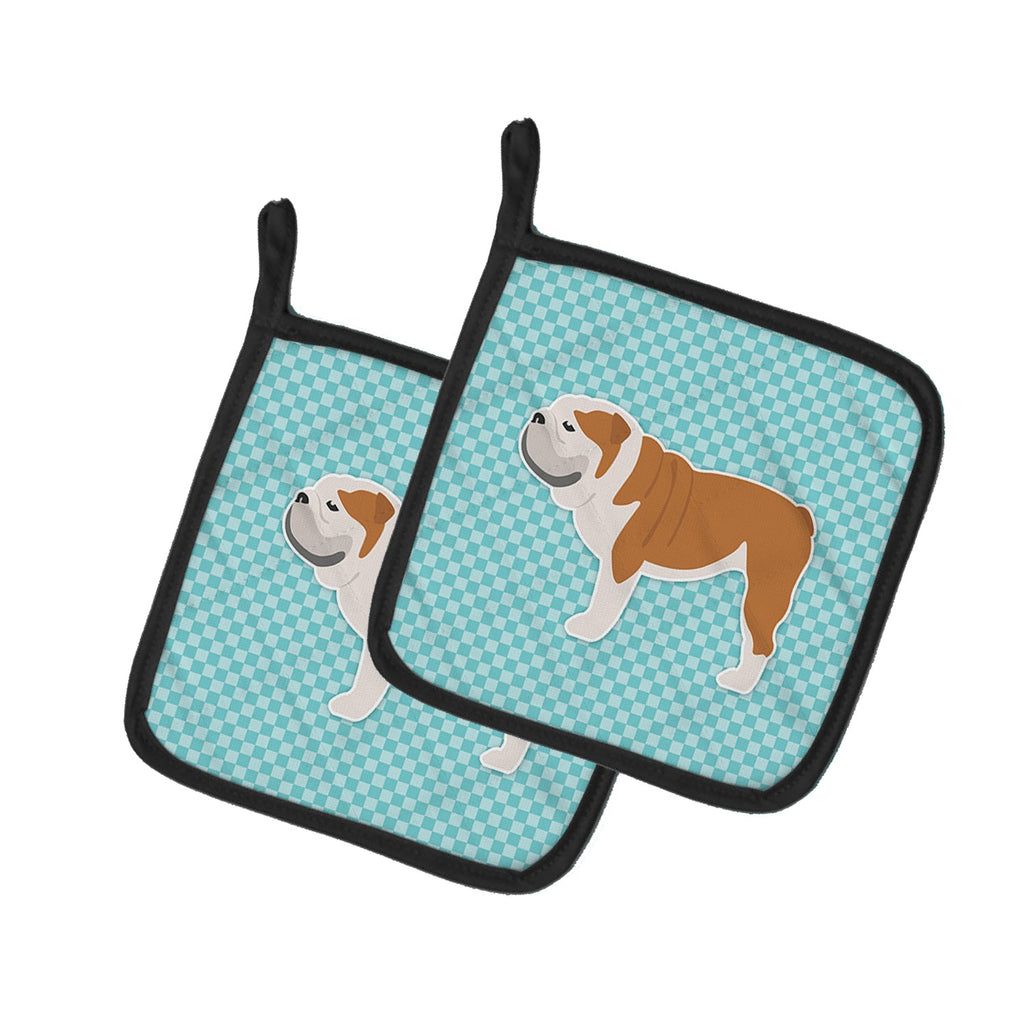 English Bulldog Checkerboard Blue Pot Holder Set of 2 Heat Resistant Quilted Hot Pads 7.5 x 7.5 Inch, Insulated Kitchen Trivets for Cooking & Baking