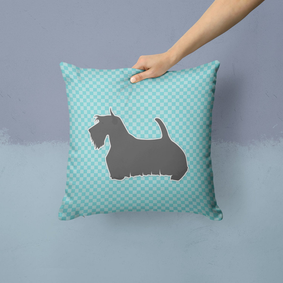 Scottish Terrier Checkerboard Blue Decorative Throw Pillow 14x14 Indoor Outdoor Accent Cushion, Fabric Cover with Insert for Sofa, Bed, Porch & Living Room