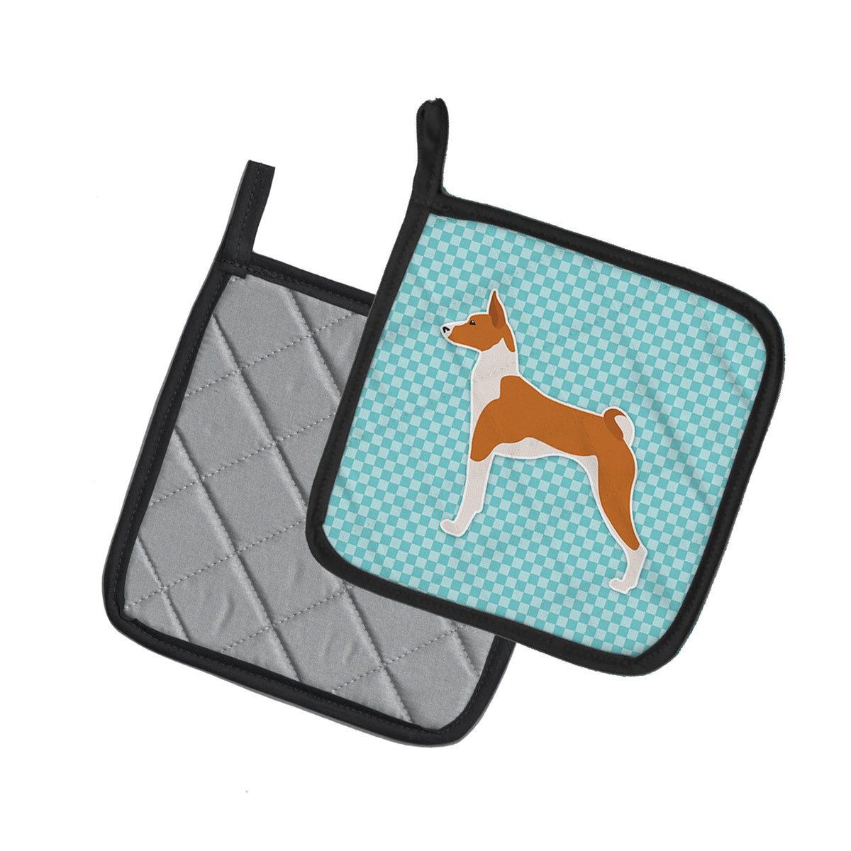 Basenji Checkerboard Blue Pot Holder Set of 2 Heat Resistant Quilted Hot Pads 7.5 x 7.5 Inch, Insulated Kitchen Trivets for Cooking & Baking