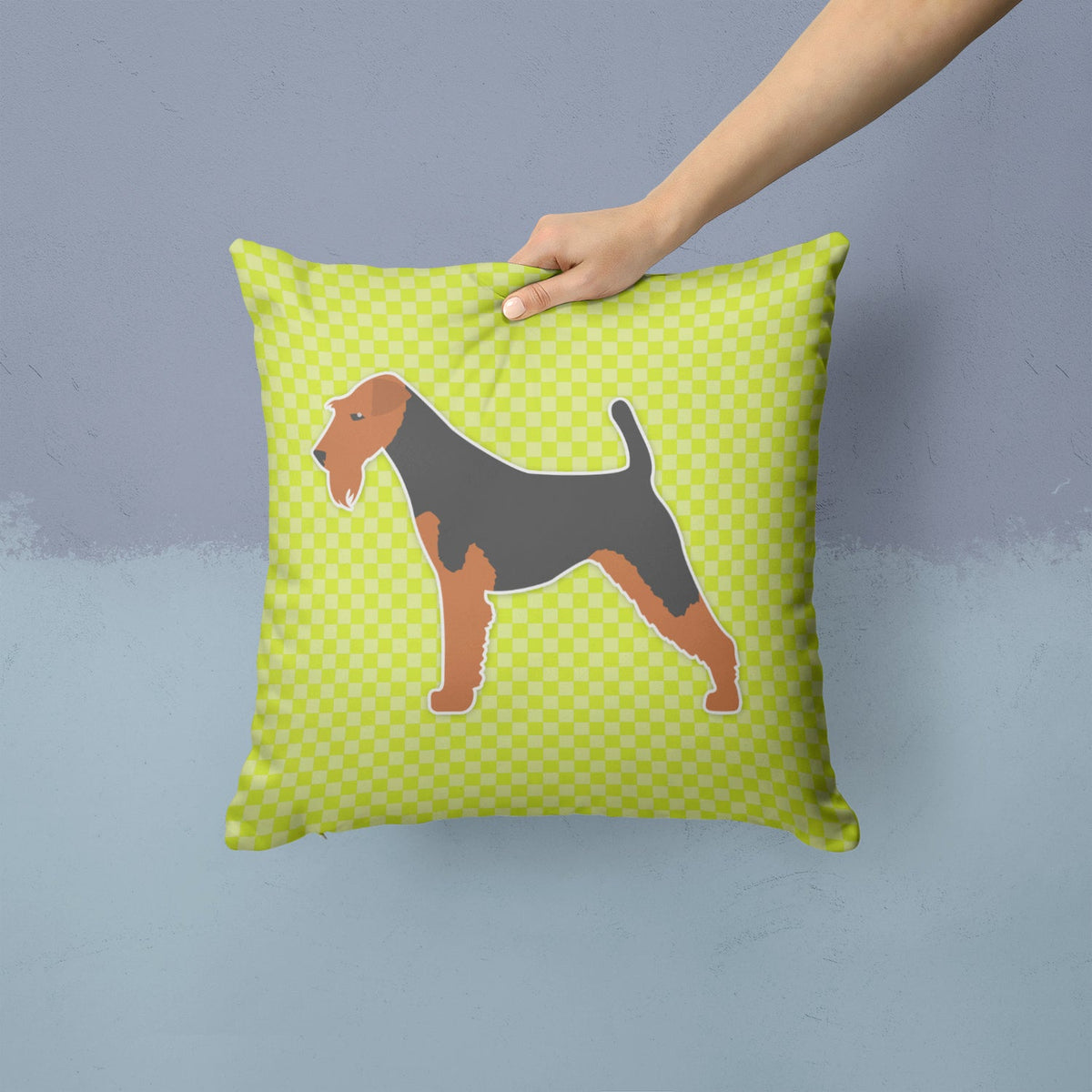 Welsh Terrier Checkerboard Green Decorative Throw Pillow 14x14 Indoor Outdoor Accent Cushion, Fabric Cover with Insert for Sofa, Bed, Porch & Living Room
