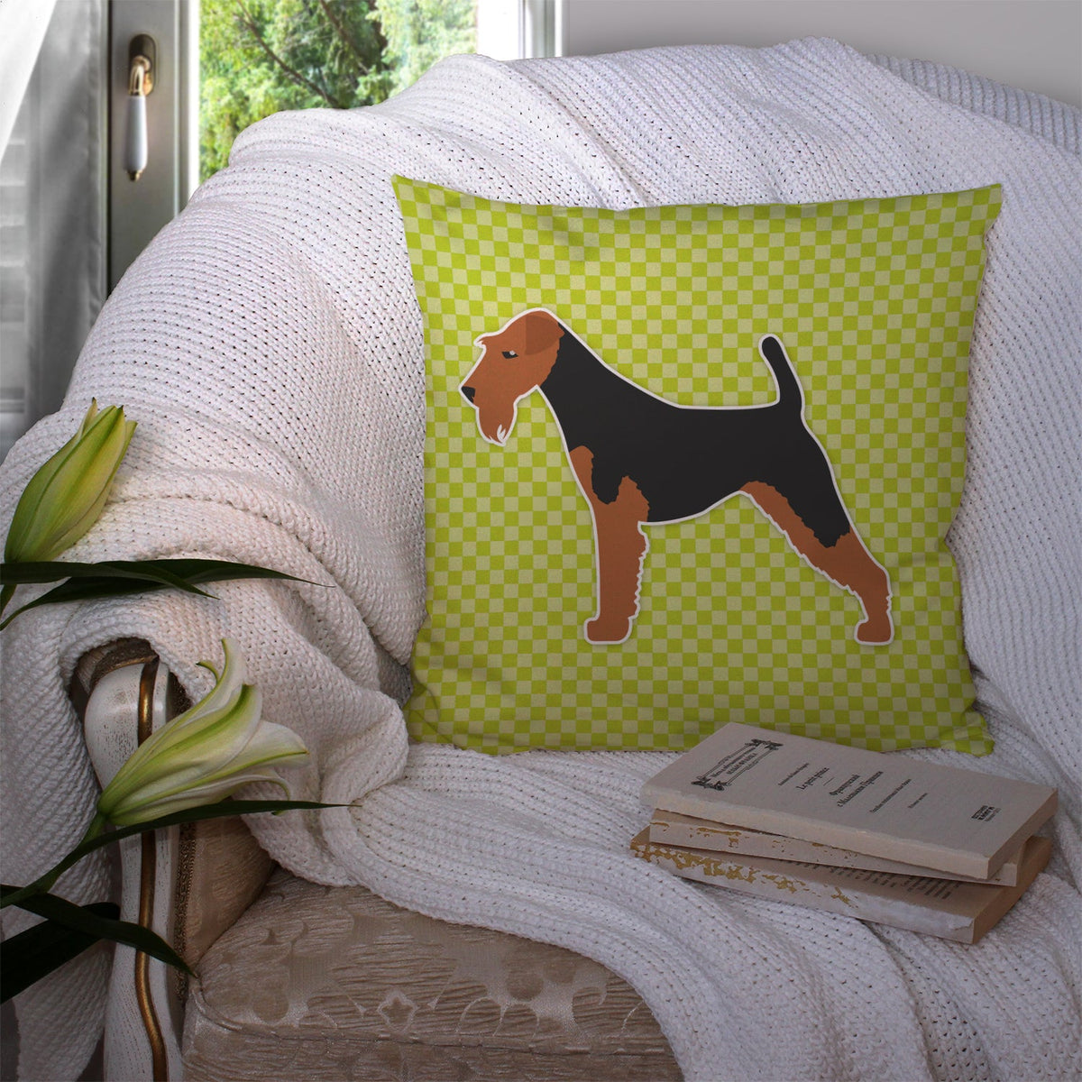 Welsh Terrier Checkerboard Green Decorative Throw Pillow 14x14 Indoor Outdoor Accent Cushion, Fabric Cover with Insert for Sofa, Bed, Porch & Living Room