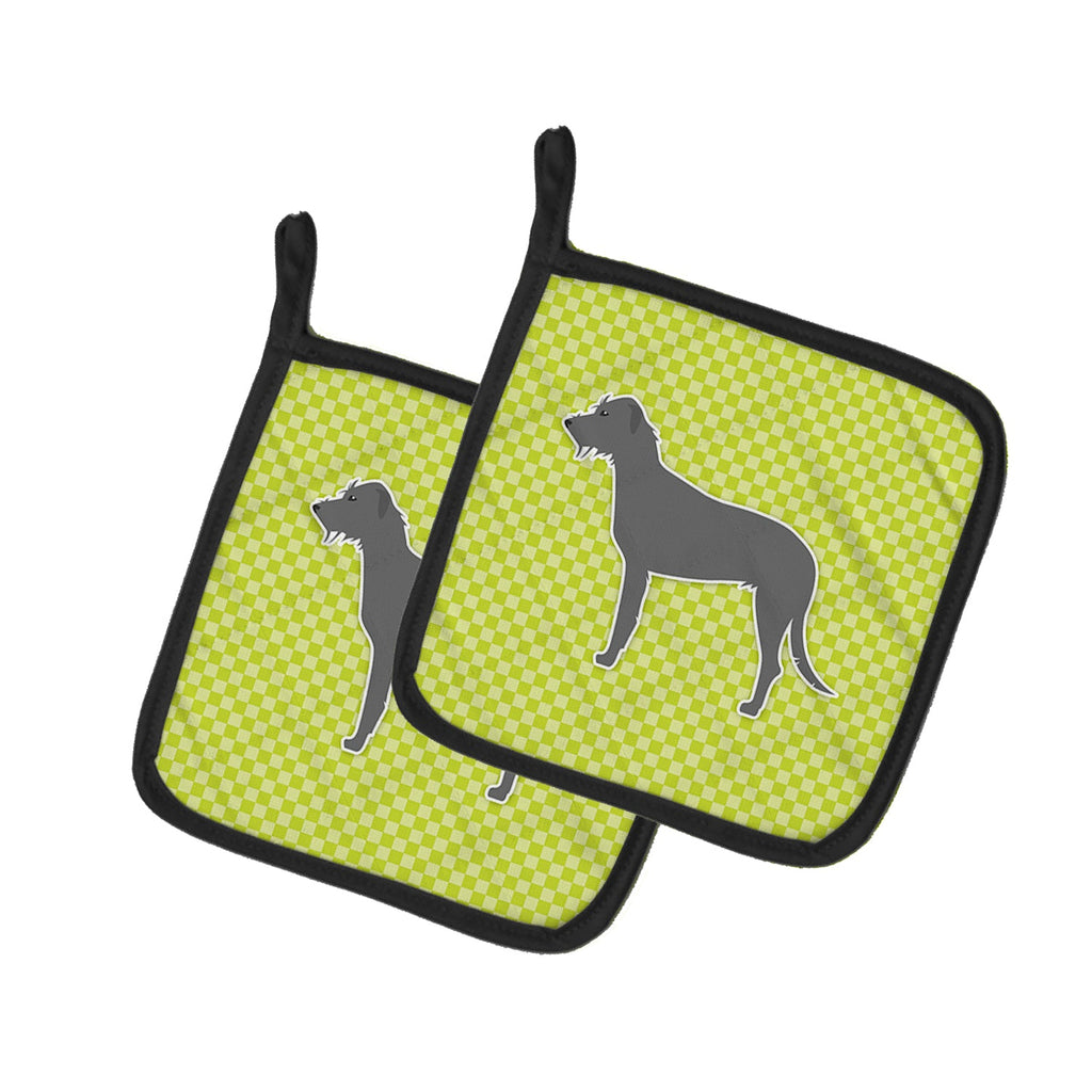 Irish Wolfhound Checkerboard Green Pot Holder Set of 2 Heat Resistant Quilted Hot Pads 7.5 x 7.5 Inch, Insulated Kitchen Trivets for Cooking & Baking