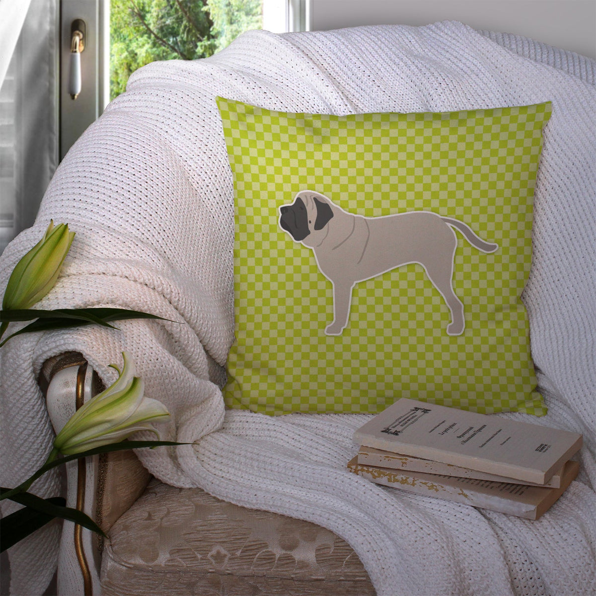 English Mastiff Checkerboard Green Decorative Throw Pillow 14x14 Indoor Outdoor Accent Cushion, Fabric Cover with Insert for Sofa, Bed, Porch & Living Room