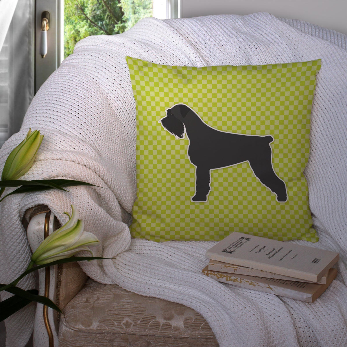 Giant Schnauzer Checkerboard Green Decorative Throw Pillow 14x14 Indoor Outdoor Accent Cushion, Fabric Cover with Insert for Sofa, Bed, Porch & Living Room