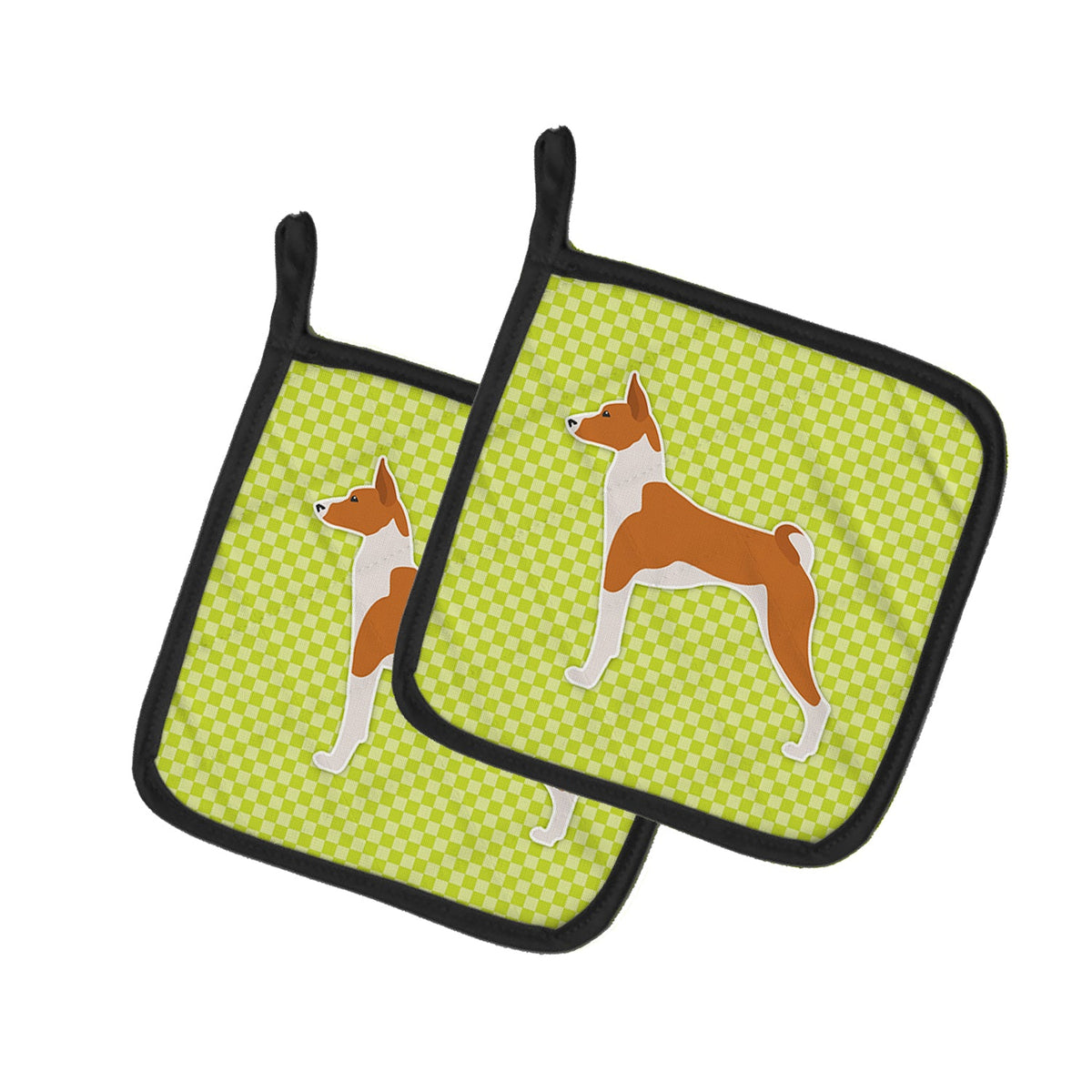 Basenji Checkerboard Green Pot Holder Set of 2 Heat Resistant Quilted Hot Pads 7.5 x 7.5 Inch, Insulated Kitchen Trivets for Cooking & Baking