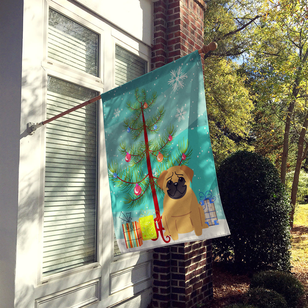 Merry Christmas Tree Pug Brown House Flag 28x40 Porch Sleeve Pole Decorative Outside Yard Banner Artwork Wall Hanging, Polyester