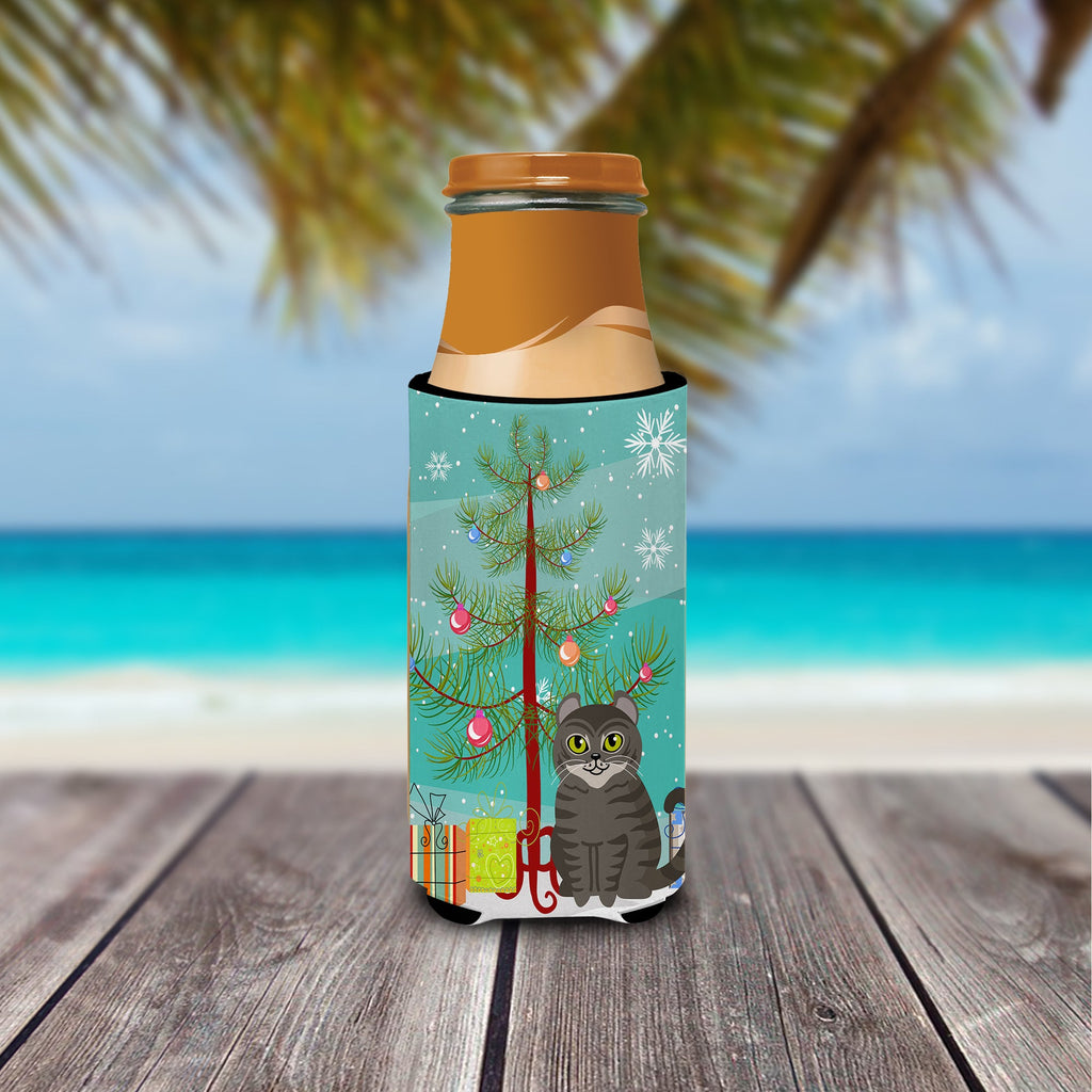 American Curl Cat Merry Christmas Tree Slim Can Hugger , Insulated Foam Hugger for 12 oz Slim Cans, Beer Bottles & Water Bottles, Printed in USA