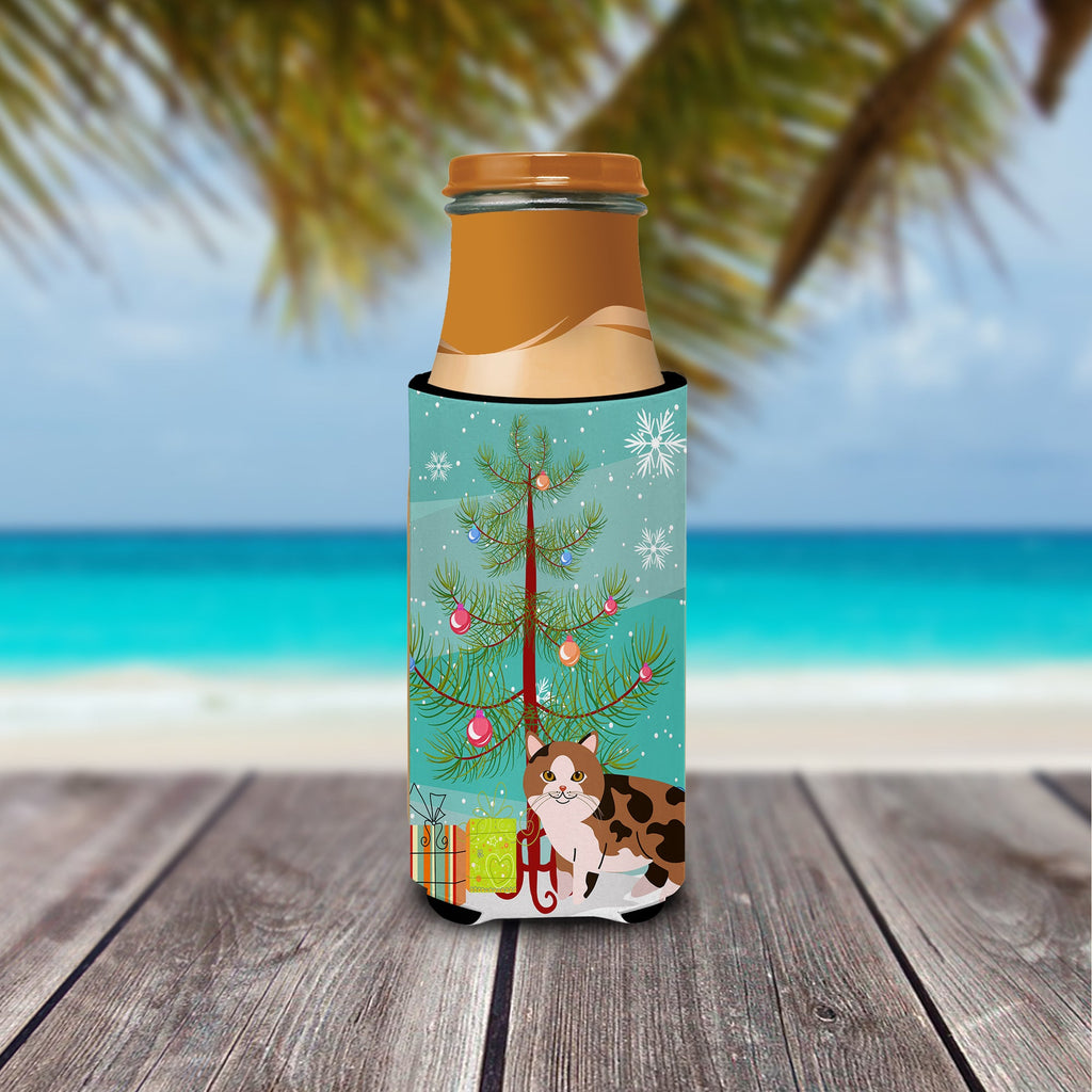 Manx Cat Merry Christmas Tree Slim Can Hugger , Insulated Foam Hugger for 12 oz Slim Cans, Beer Bottles & Water Bottles, Printed in USA