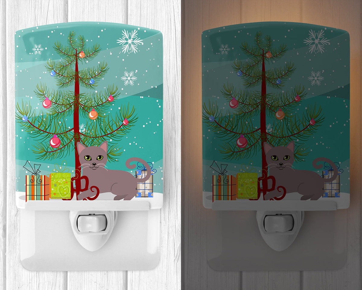 Russian Blue Cat Merry Christmas Tree Ceramic Night Light Compact, UL-Certified, Ideal for Bedroom, Bathroom, Nursery, Hallway, Kitchen, 6x4x3, Multicolor