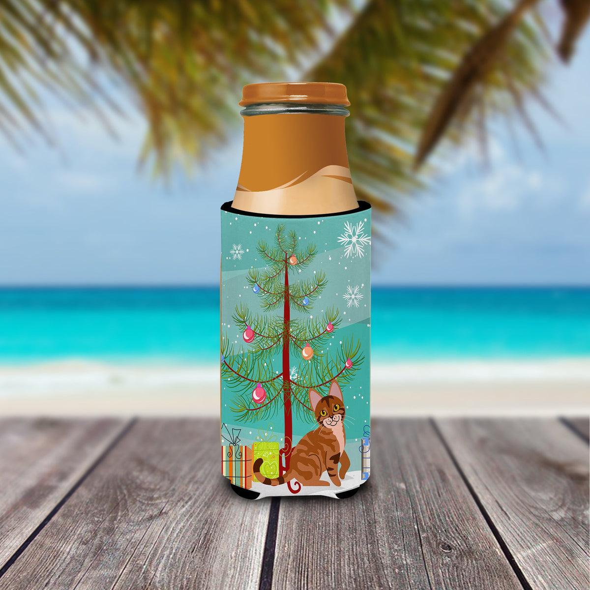 Sokoke Cat Merry Christmas Tree Slim Can Hugger , Insulated Foam Hugger for 12 oz Slim Cans, Beer Bottles & Water Bottles, Printed in USA