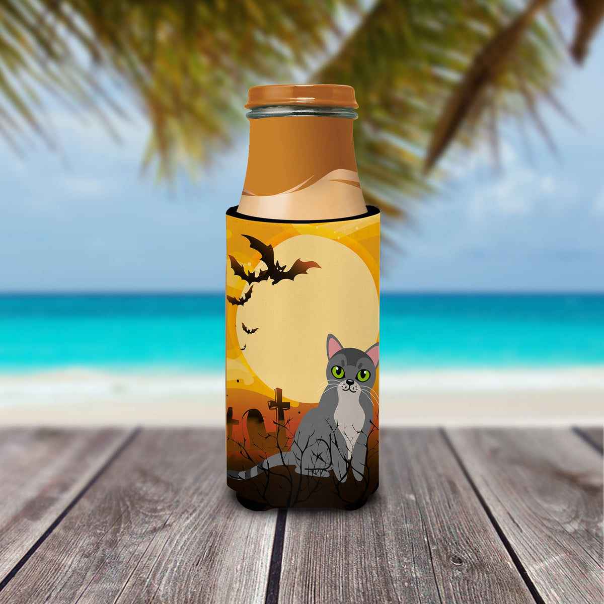 Halloween Asian Cat Slim Can Hugger , Insulated Foam Hugger for 12 oz Slim Cans, Beer Bottles & Water Bottles, Printed in USA