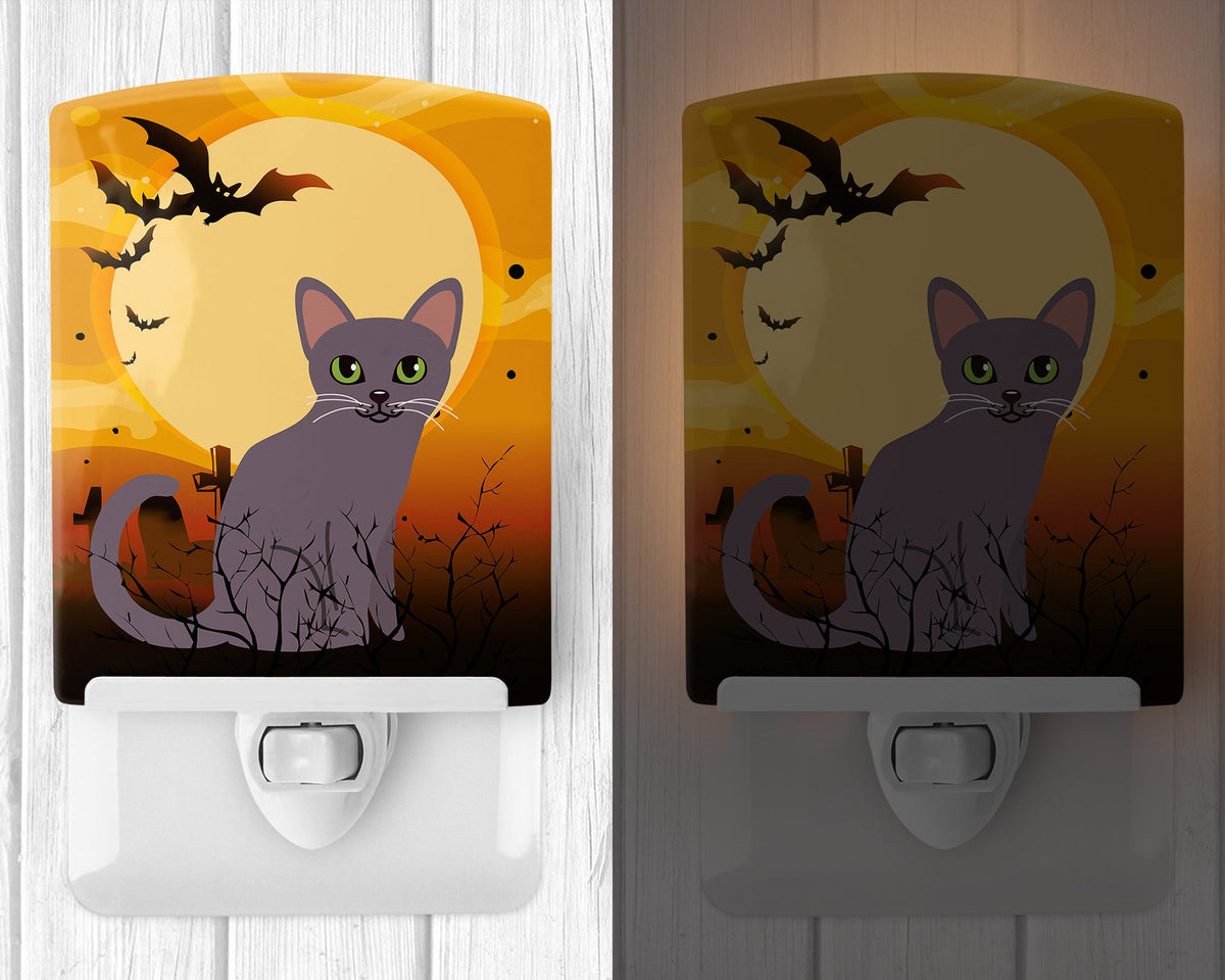 Halloween Korat Cat Ceramic Night Light Compact, UL-Certified, Ideal for Bedroom, Bathroom, Nursery, Hallway, Kitchen, 6x4x3, Multicolor