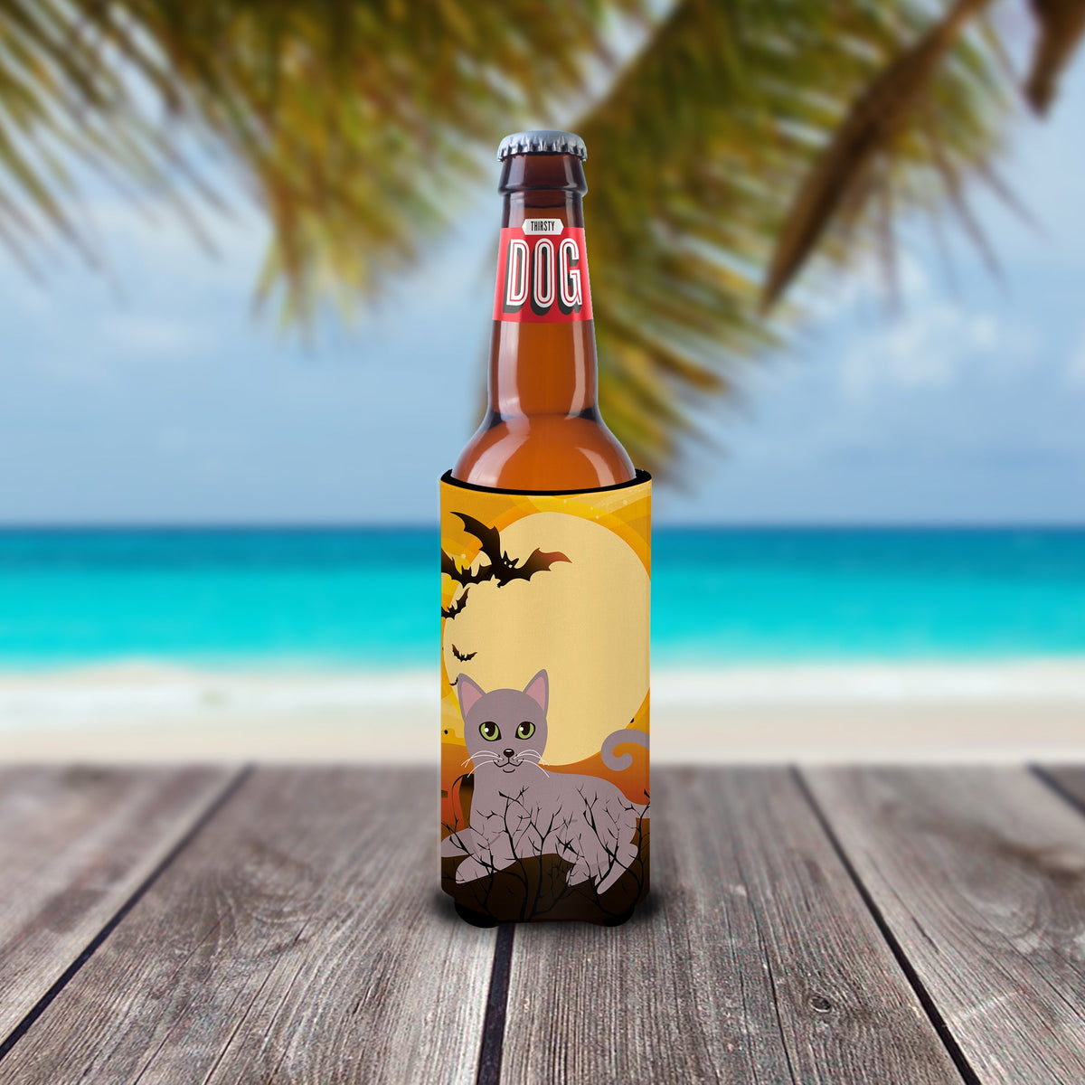 Halloween Russian Blue Cat Slim Can Hugger , Insulated Foam Hugger for 12 oz Slim Cans, Beer Bottles & Water Bottles, Printed in USA