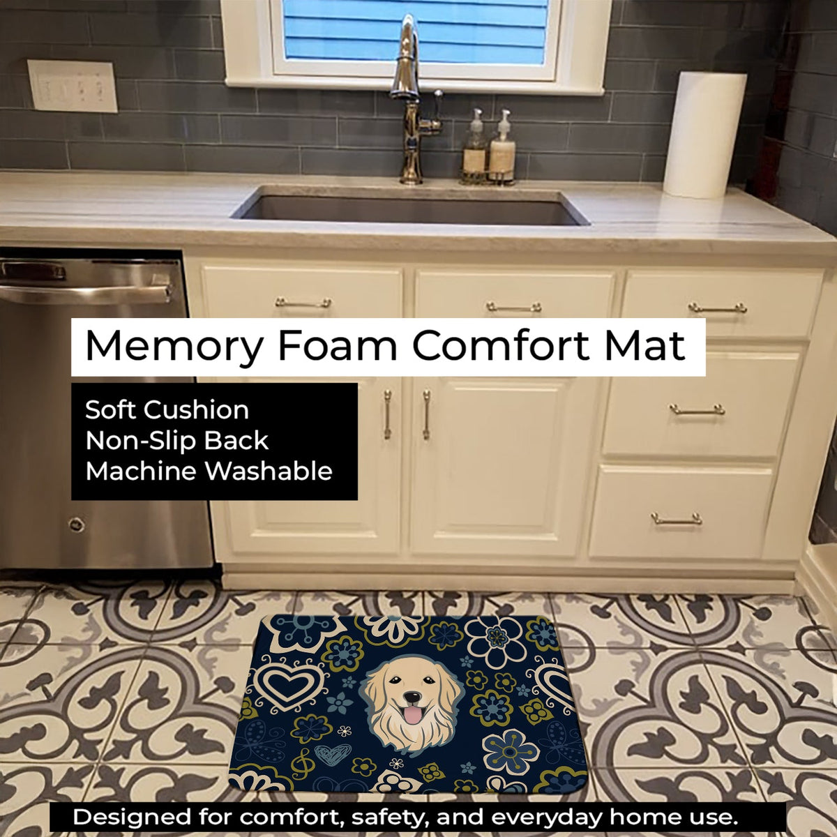 Blue Flowers Golden Retriever Memory Foam Kitchen Mat Machine Washable Anti-Fatigue Cushion Comfort Bath or Kitchen Rug