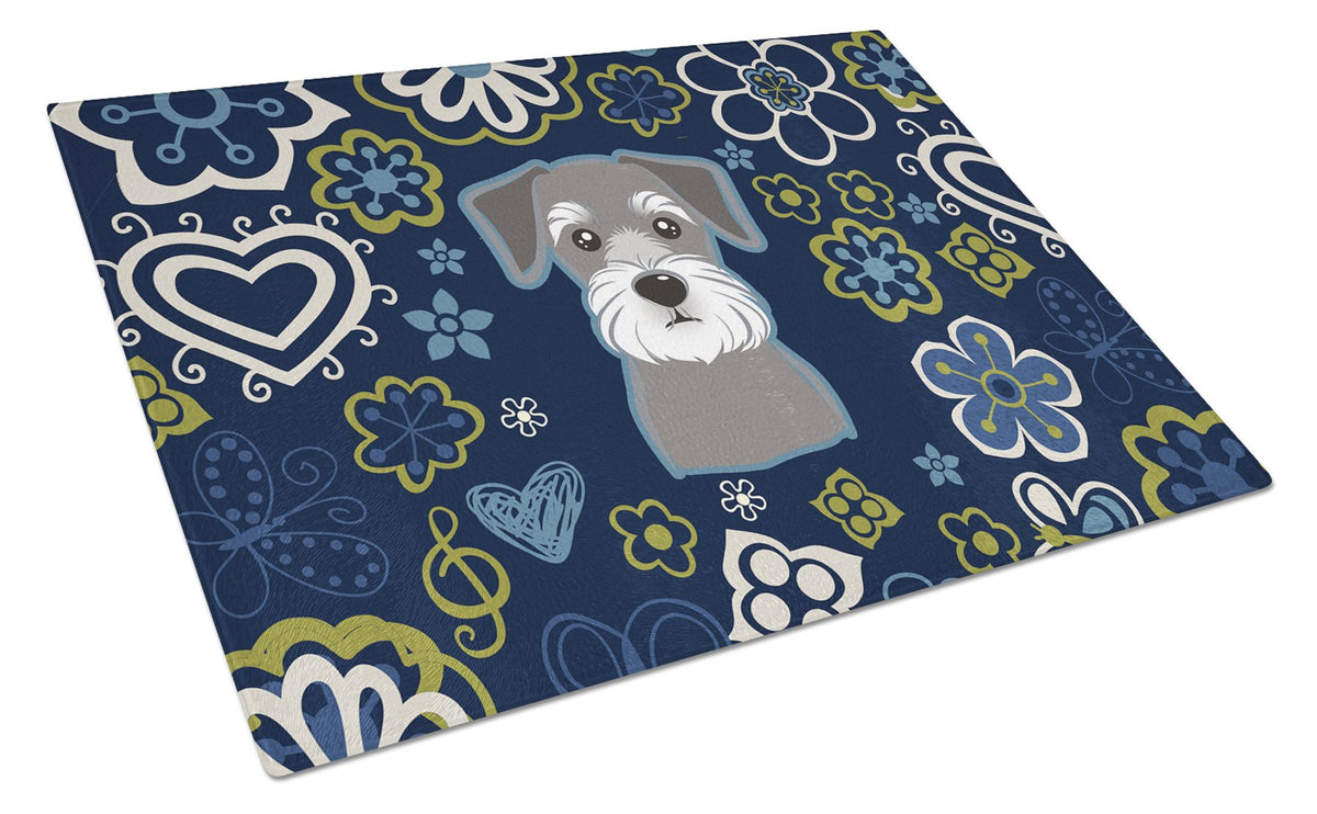 Blue Flowers Schnauzer Cutting Board Tempered Glass Kitchen Cutting Surface, Heat Resistant Chopping, Non-Slip Feet, Food Prep & Serving