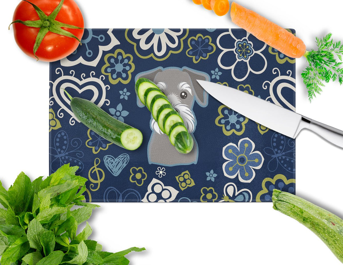Blue Flowers Schnauzer Cutting Board Tempered Glass Kitchen Cutting Surface, Heat Resistant Chopping, Non-Slip Feet, Food Prep & Serving