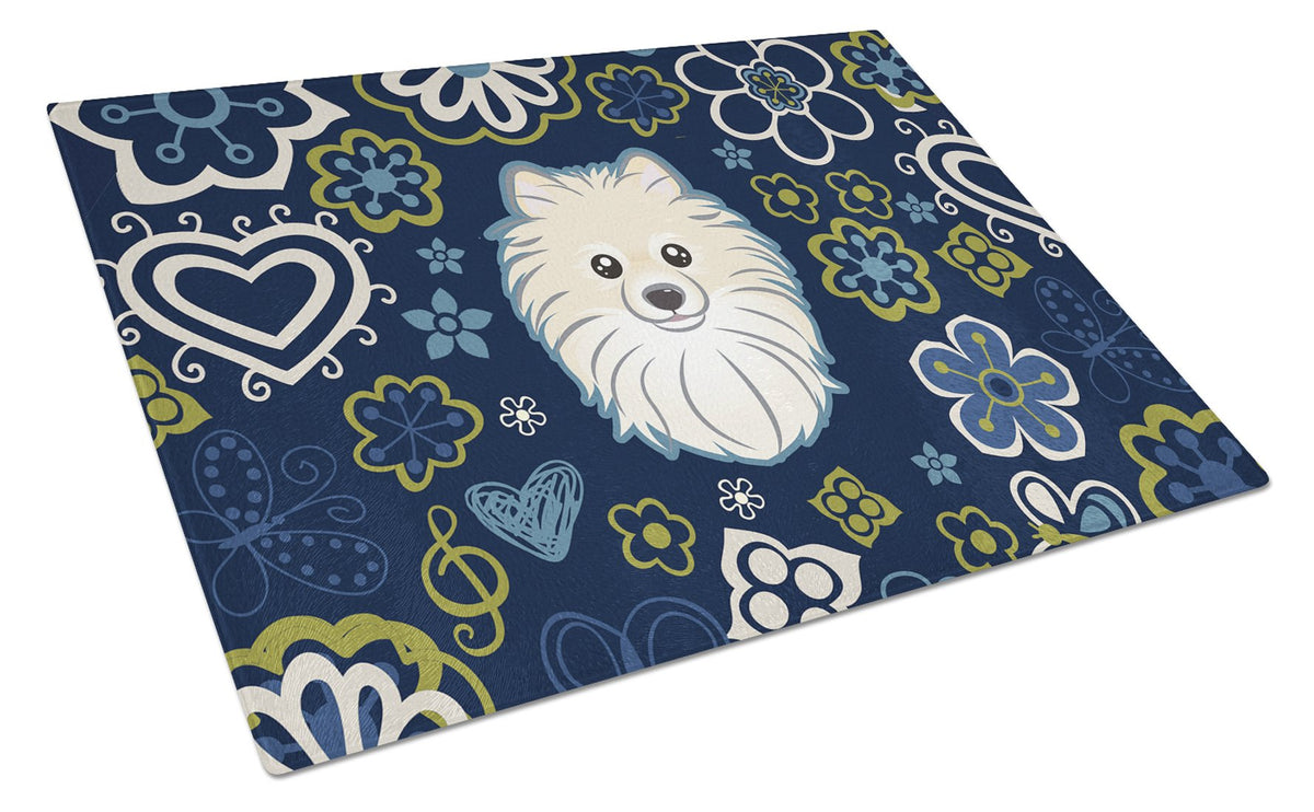 Blue Flowers Pomeranian Cutting Board Tempered Glass Kitchen Cutting Surface, Heat Resistant Chopping, Non-Slip Feet, Food Prep & Serving