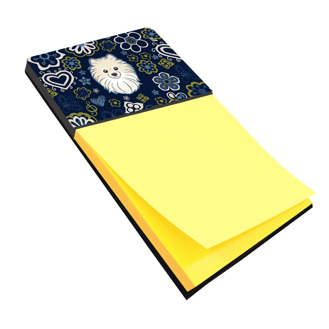 Blue Flowers Pomeranian Watercolor Sticky Note Holder Refillable Dispenser Desk Accessory 3x3 Pad Gift