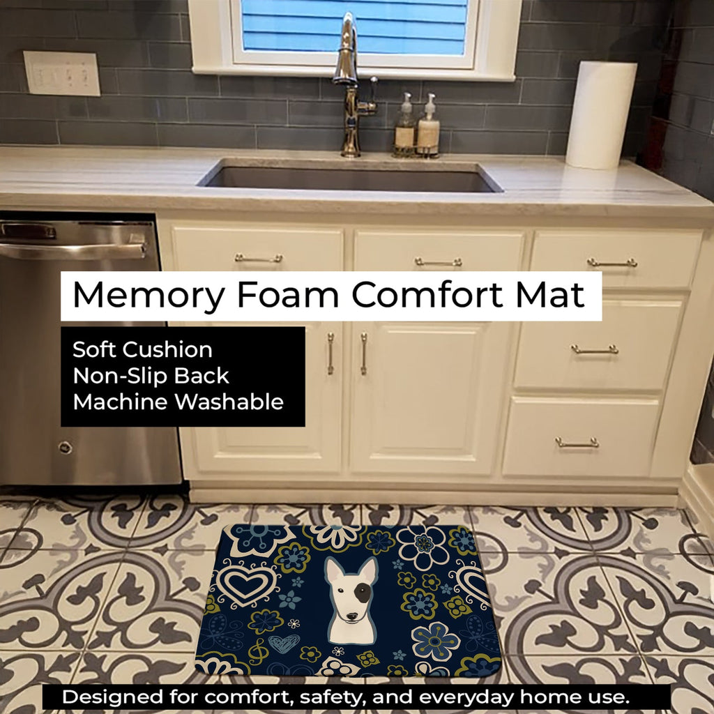 Blue Flowers Bull Terrier Memory Foam Kitchen Mat Machine Washable Anti-Fatigue Cushion Comfort Bath or Kitchen Rug