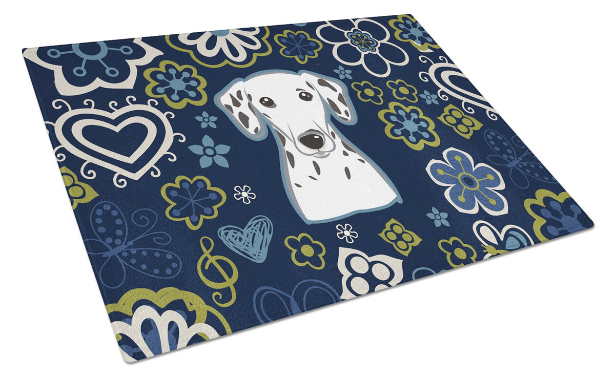 Blue Flowers Dalmatian Cutting Board Tempered Glass Kitchen Cutting Surface, Heat Resistant Chopping, Non-Slip Feet, Food Prep & Serving