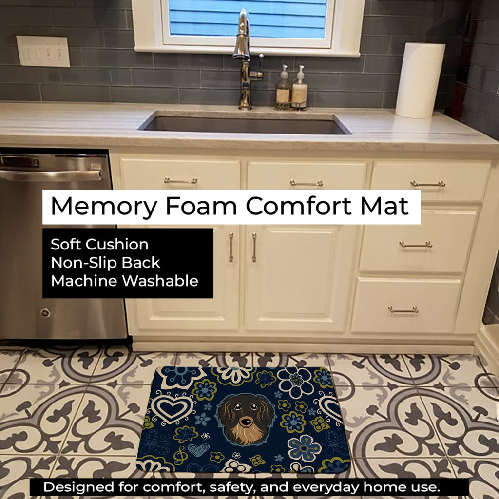 Blue Flowers Longhair Black and Tan Dachshund Memory Foam Kitchen Mat Machine Washable Anti-Fatigue Cushion Comfort Bath or Kitchen Rug