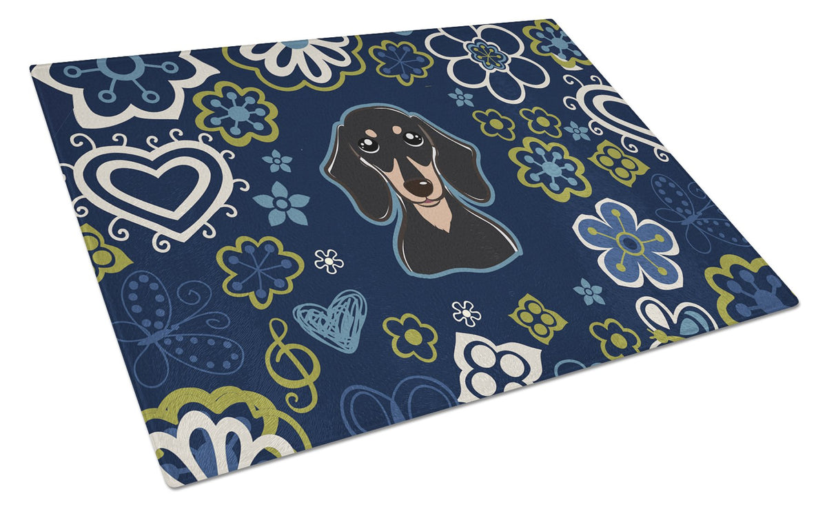 Blue Flowers Smooth Black and Tan Dachshund Cutting Board Tempered Glass Kitchen Cutting Surface, Heat Resistant Chopping, Non-Slip Feet, Food Prep & Serving