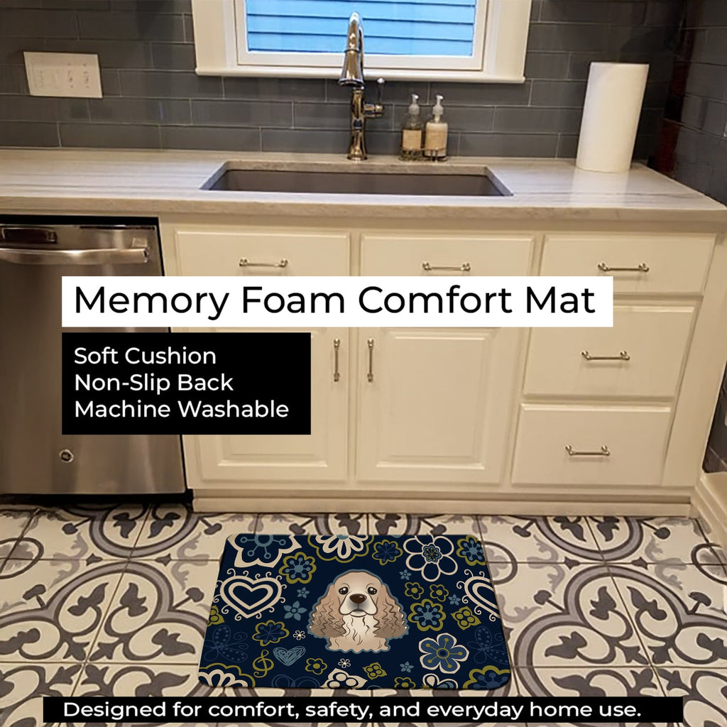Blue Flowers Cocker Spaniel Memory Foam Kitchen Mat Machine Washable Anti-Fatigue Cushion Comfort Bath or Kitchen Rug