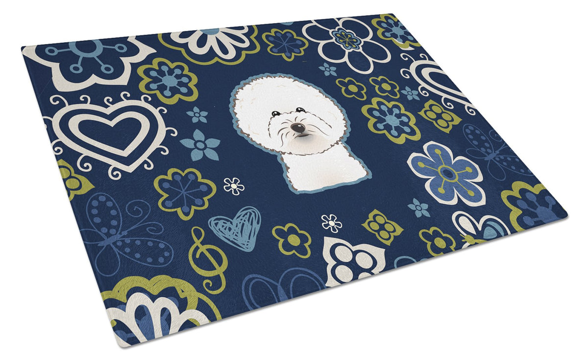 Blue Flowers Bichon Frise Cutting Board Tempered Glass Kitchen Cutting Surface, Heat Resistant Chopping, Non-Slip Feet, Food Prep & Serving