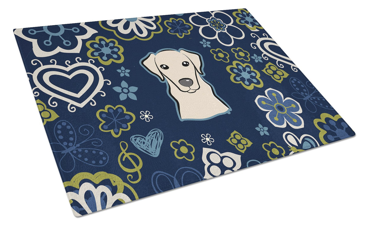 Blue Flowers Yellow Labrador Cutting Board Tempered Glass Kitchen Cutting Surface, Heat Resistant Chopping, Non-Slip Feet, Food Prep & Serving