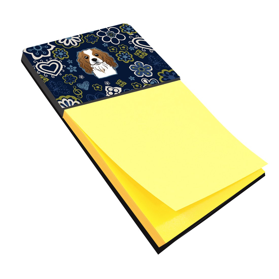 Blue Flowers Cavalier Spaniel Watercolor Sticky Note Holder Refillable Dispenser Desk Accessory 3x3 Pad Gift