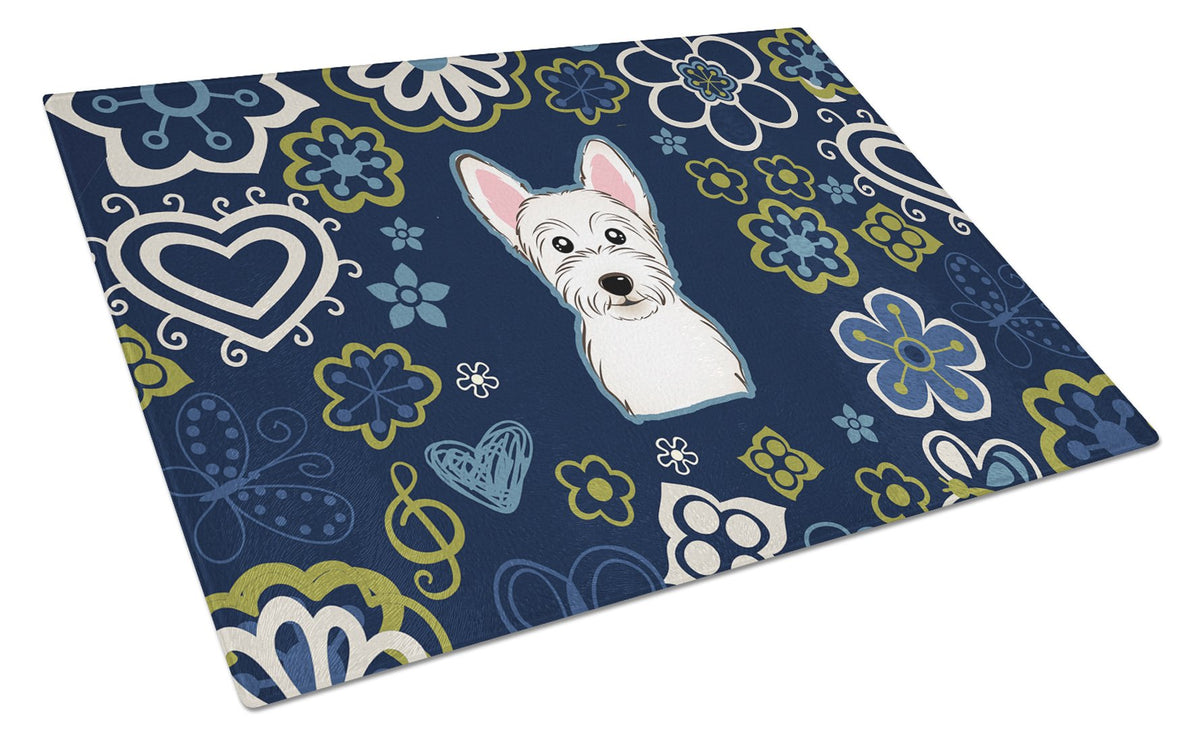 Blue Flowers Westie Cutting Board Tempered Glass Kitchen Cutting Surface, Heat Resistant Chopping, Non-Slip Feet, Food Prep & Serving