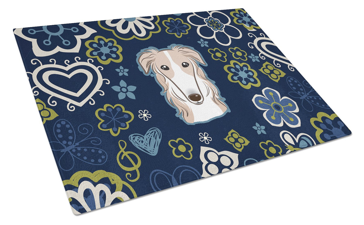 Blue Flowers Borzoi Cutting Board Tempered Glass Kitchen Cutting Surface, Heat Resistant Chopping, Non-Slip Feet, Food Prep & Serving