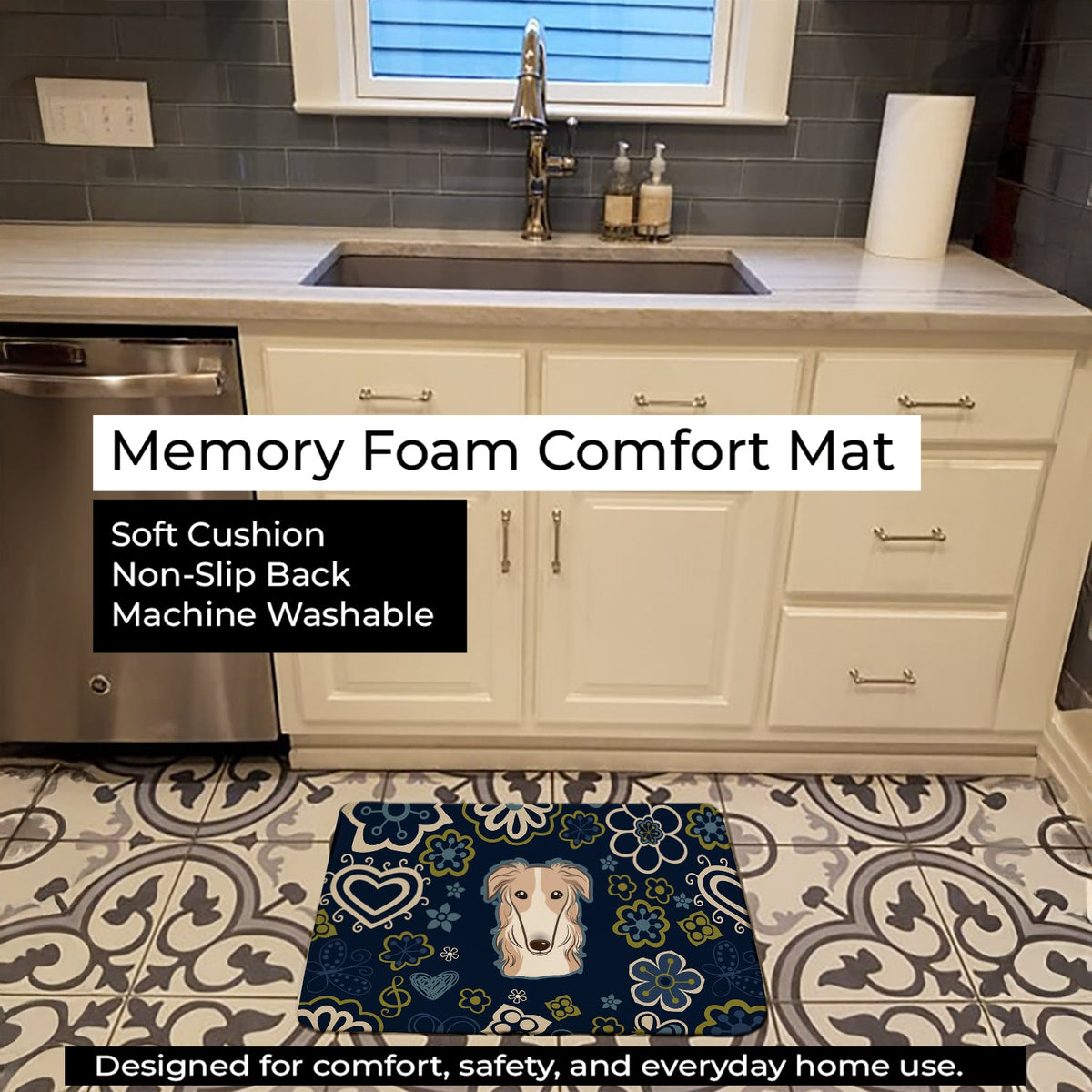 Blue Flowers Borzoi Memory Foam Kitchen Mat Machine Washable Anti-Fatigue Cushion Comfort Bath or Kitchen Rug