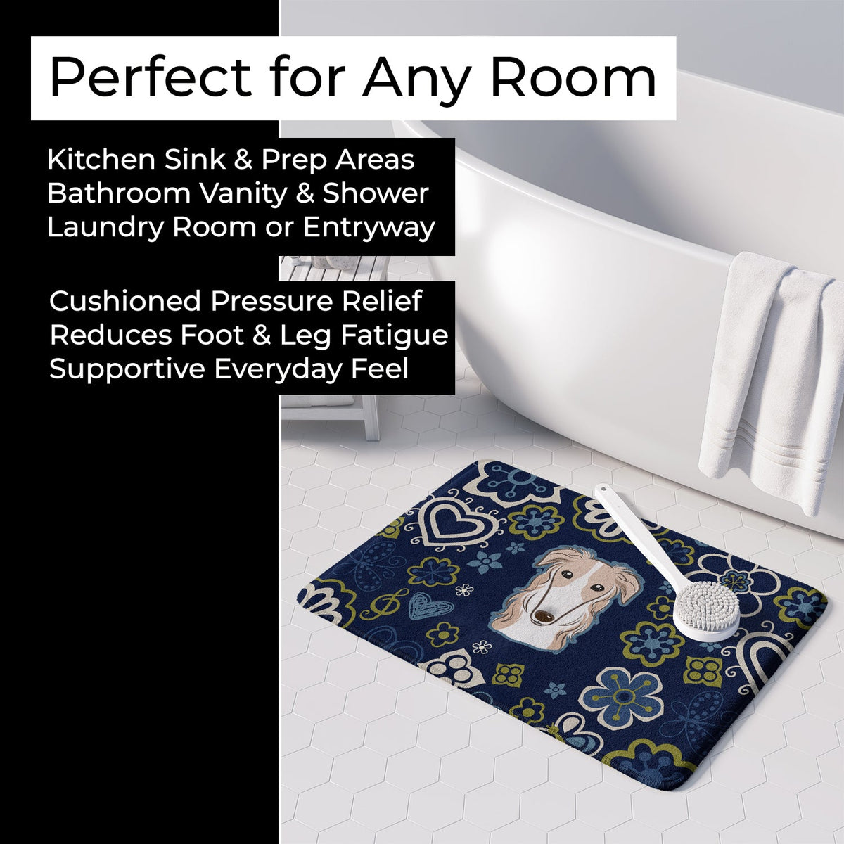 Blue Flowers Borzoi Memory Foam Kitchen Mat Machine Washable Anti-Fatigue Cushion Comfort Bath or Kitchen Rug