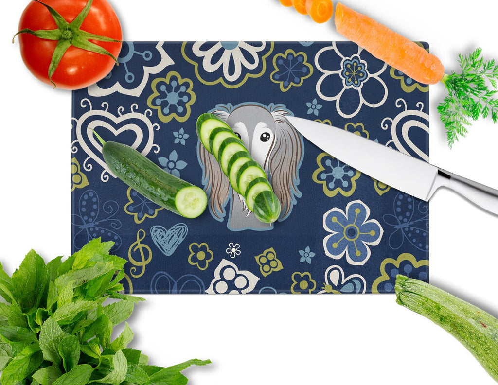 Blue Flowers Saluki Cutting Board Tempered Glass Kitchen Cutting Surface, Heat Resistant Chopping, Non-Slip Feet, Food Prep & Serving