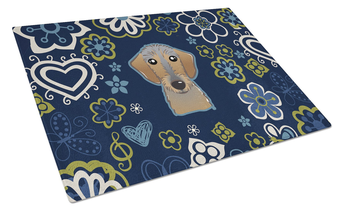 Blue Flowers Wirehaired Dachshund Cutting Board Tempered Glass Kitchen Cutting Surface, Heat Resistant Chopping, Non-Slip Feet, Food Prep & Serving